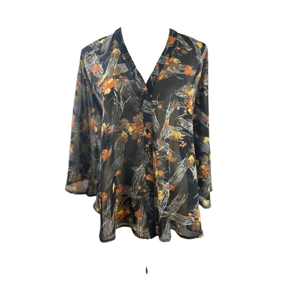 Fire Los Angeles Black Orange Sheer Floral Button Front Blouse Women's Size M